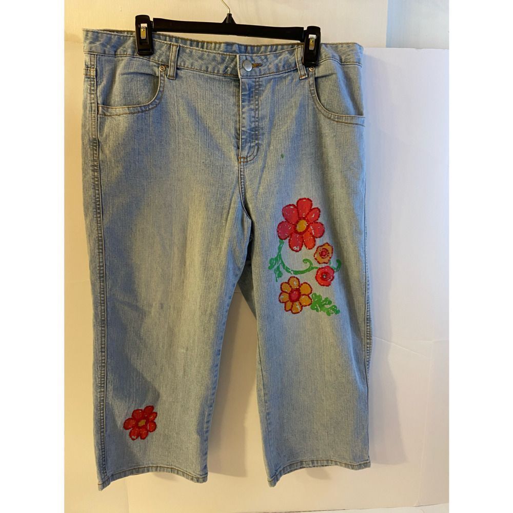 Boho‎ festival denim jeans painted flowers 34w stretch size 16 1/2